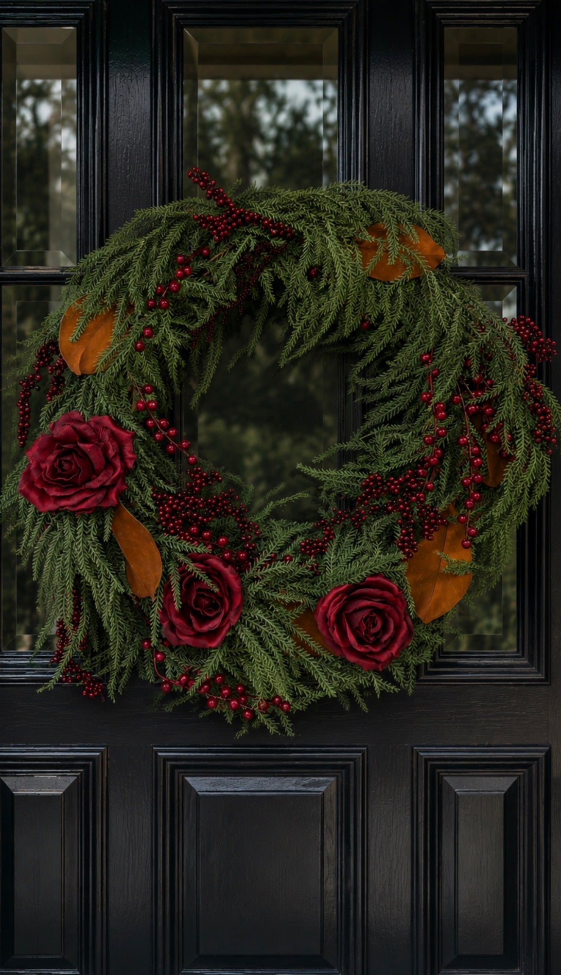 26-inch crimson magnolia Christmas wreath with lush evergreen foliage