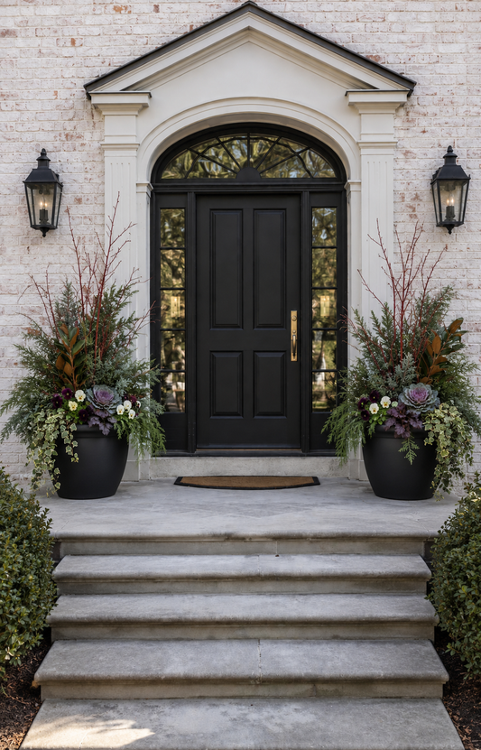 Custom Christmas and winter porch planters with evergreens and cold-hardy annuals installed at a Richmond, Virginia home.