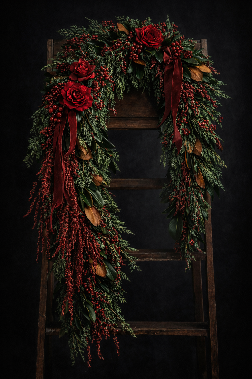 Decorative wreath with red flowers and ribbons on a wooden ladder against a black background
