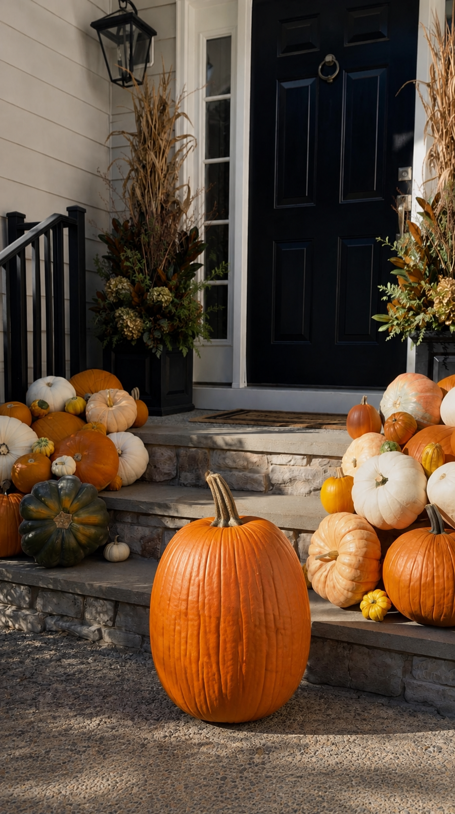 A large orange pumpkin sits on the front steps of a house decorated for autumn, with multiple pumpkins and gourds arranged around a dark front door Ashland Va