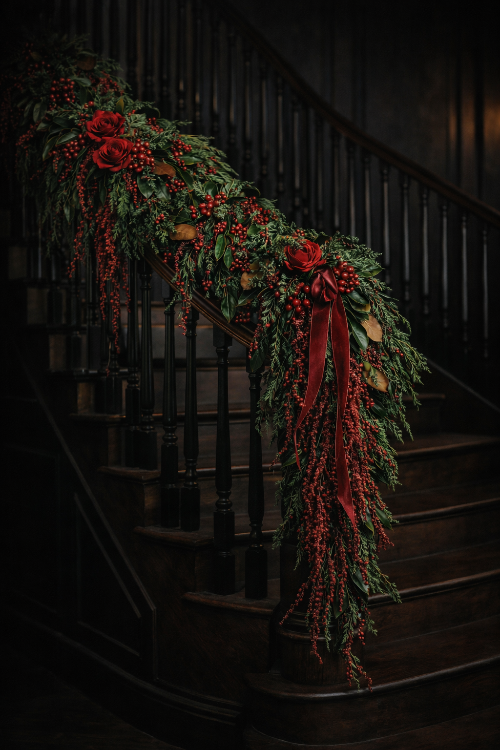 Decorative Christmas garland with red ribbons and greenery on a staircase.