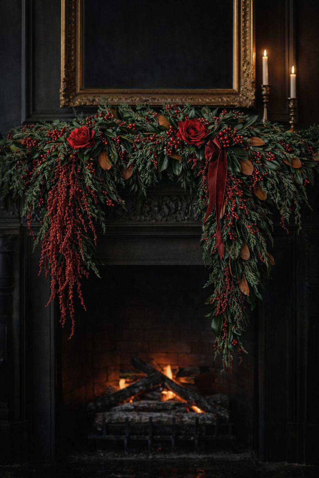 Decorative Christmas mantel with greenery, red ribbons, and candles above a fireplace.