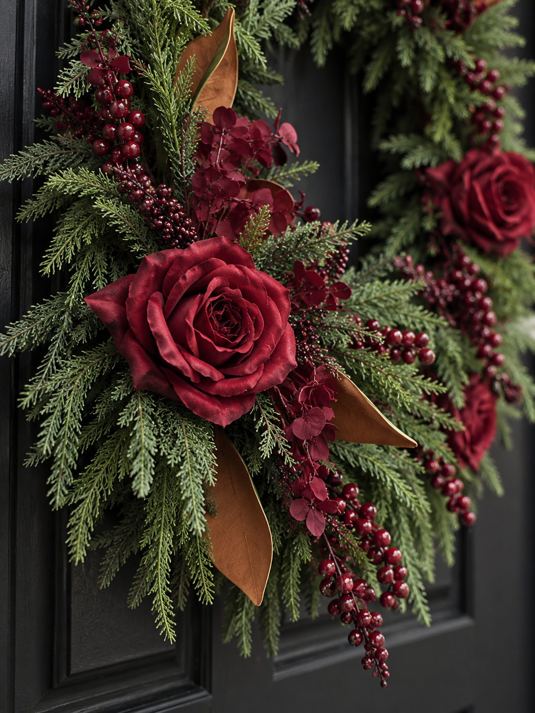 Close-up of preserved magnolia leaves and deep crimson accents on a Christmas wreath