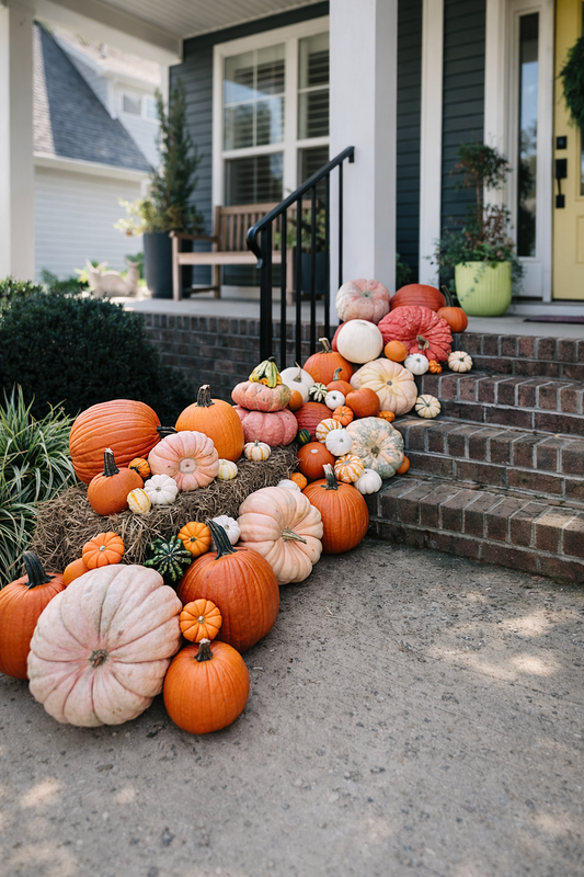Layered pumpkin porch display professionally styled with specialty pumpkins and gourds